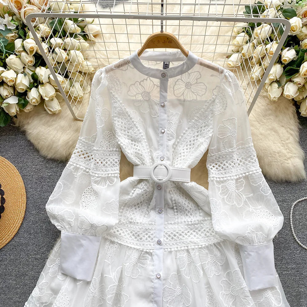 Spring Dresses 2024 Crochet Trim Cutwork Embroidery Mini Holiday Dress Women Stand Collar Long Sleeve Elegant Party Dresses