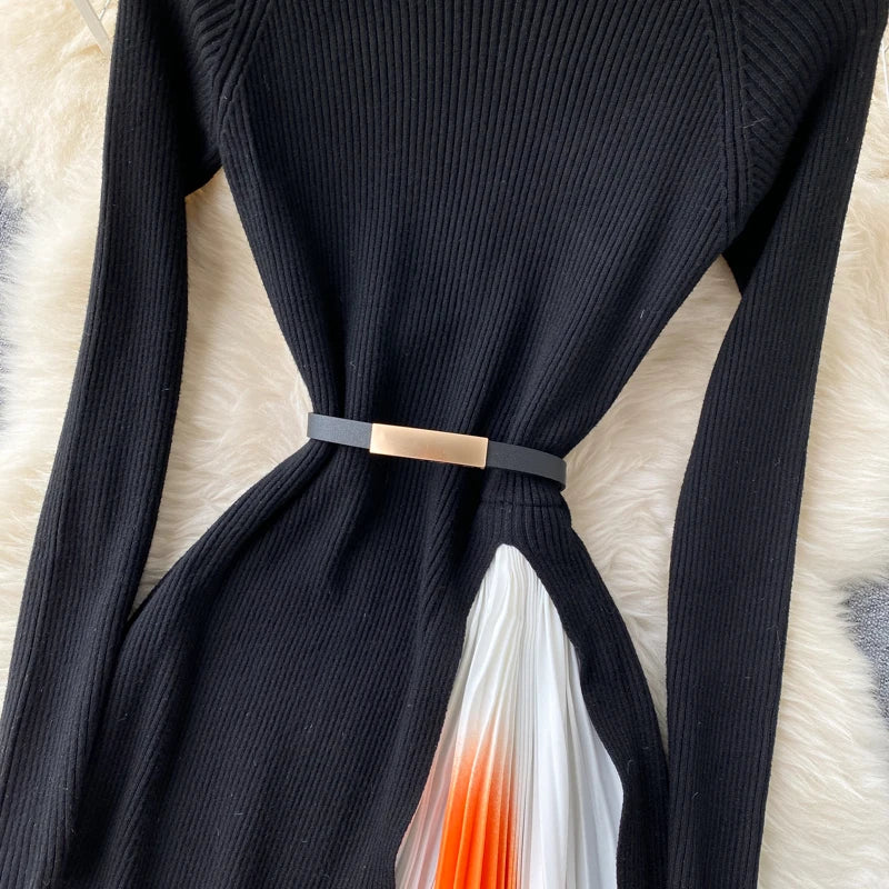 Elegant Chic Pleated Knit Dress French Long Sleeve Party Gothic A-line Vestidos High Waist Basic Slim Women Autumn Winter Dress