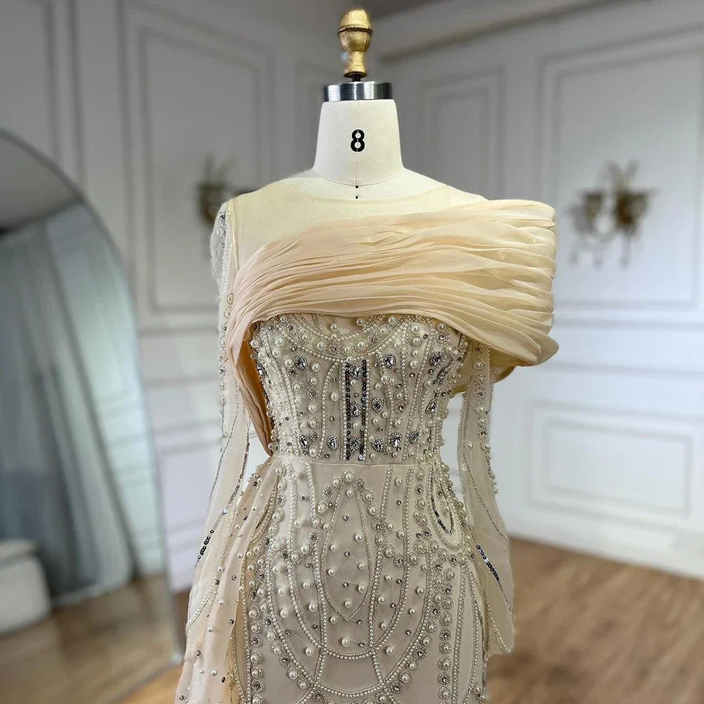 SERENE HILL 2024 Nude Mermaid Luxury Pearls Beaded Evening Dresses Elegant Gowns With Sideskirt Women Wedding Party GLA72348