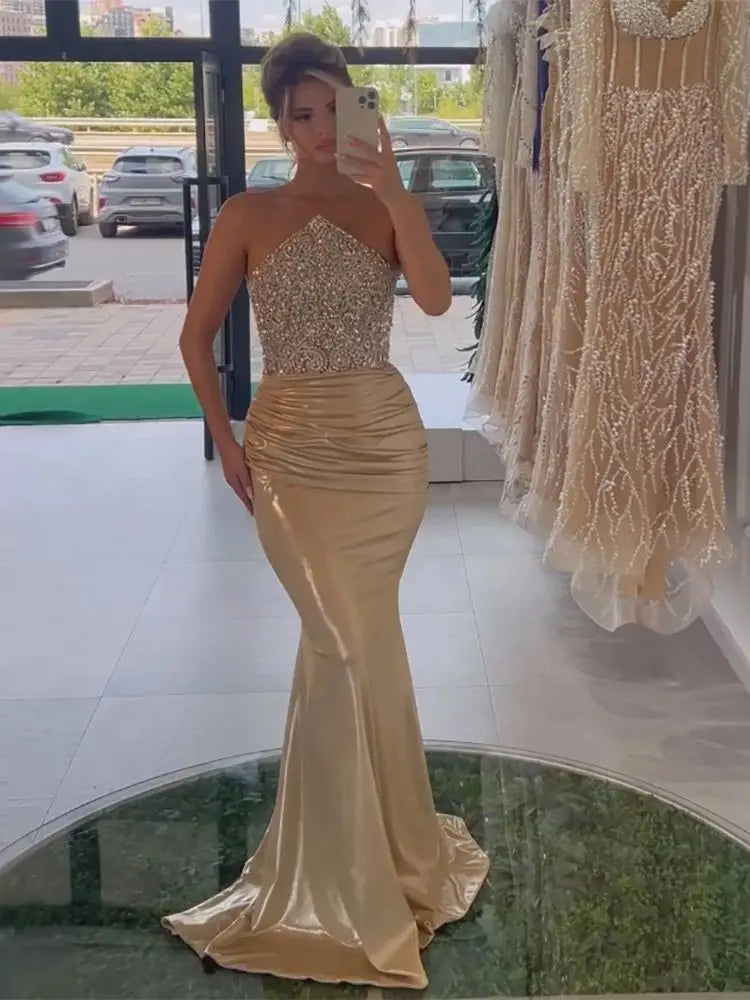Serene Hill 2024 Saudi Arabic Gold Elegant Strapless Evening Gown Crystal Beaded Dress for Formal Occasion LA72759