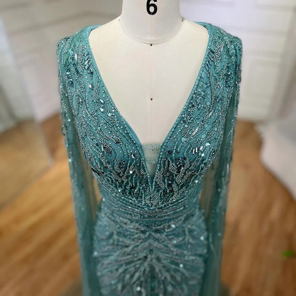 SERENE HILL 2024 Arabic Silver Mermaid Cape Sleeves Luxury Beaded Evening Dresses Formal Long Gowns Women Wedding Party GLA72239