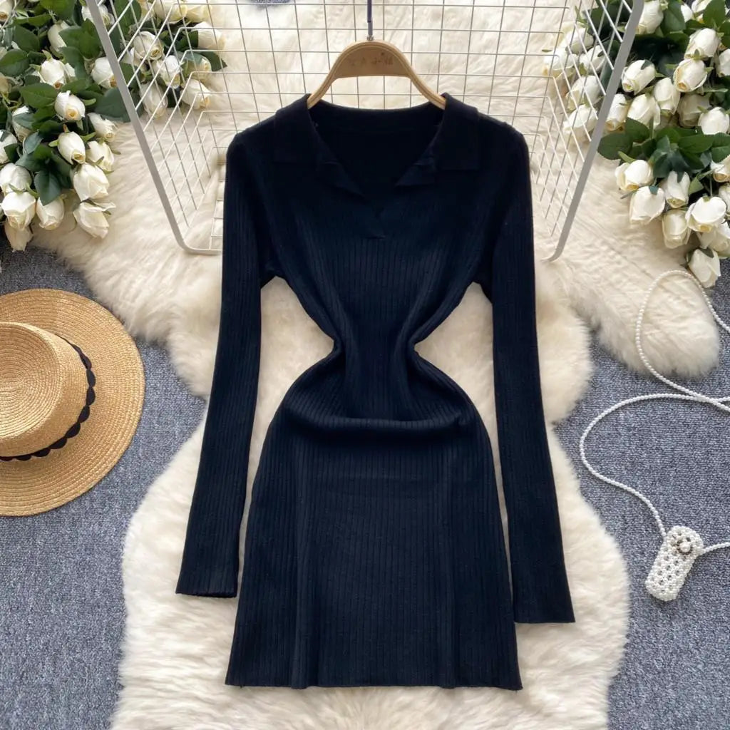 Y2k French Vintage Knitted Dress for Women Autumn Bodycon V-neck Long Sleeved Solid Simplicity Fashion Causal A-line Dresses