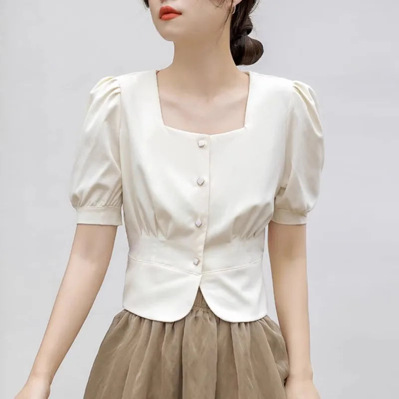 Temperament Short Bubble Sleeve Shirt for Women French Square Neck Elegant Design Office Lady Shirts Summer New Cropped Tops
