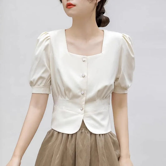 Temperament Short Bubble Sleeve Shirt for Women French Square Neck Elegant Design Office Lady Shirts Summer New Cropped Tops