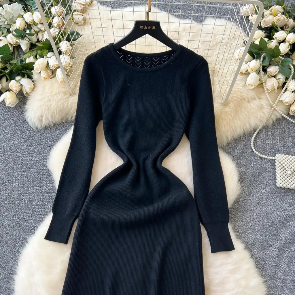 Elegant Solid Knitted Dress for Women Autumn French Vintage O-Neck Long Sleeve Fashion Evening Party Sweater Slim Midi Dresses
