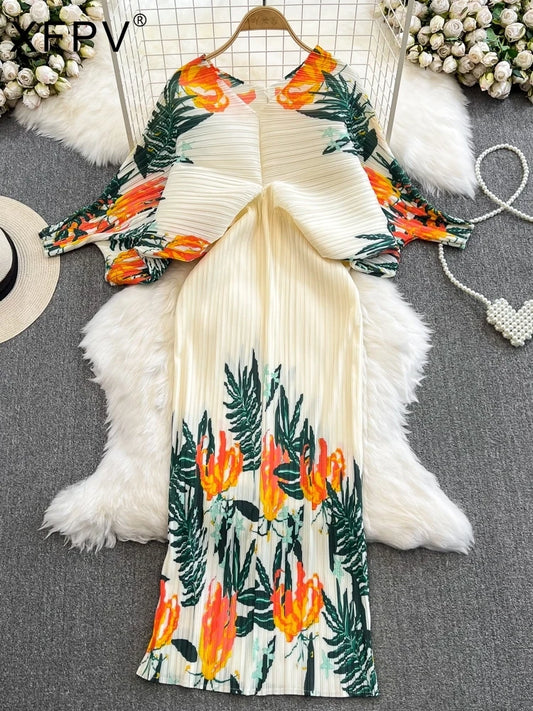 XFPV Women High Waist Printing A-line Pleated Dresses V-Neck Long Sleeved Lightweight Vestidos Spring Summer 2024 SM10792