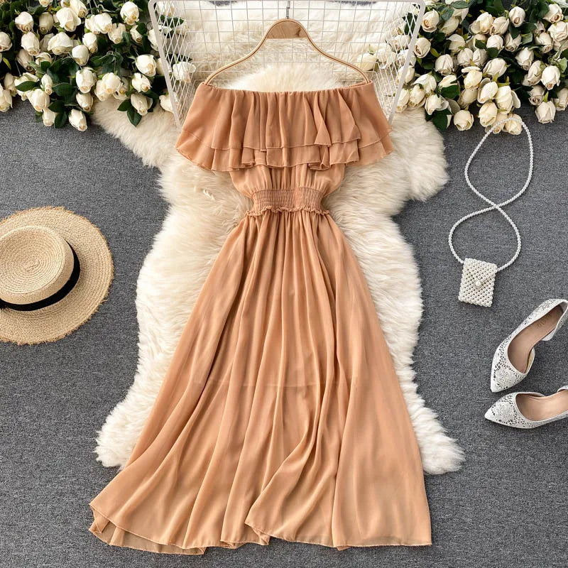 Women Chiffon Beach Dress Sexy Double Layer Ruffled Off The Shoulder Boho Dresses Ladies Sweet Slash Neck Long Dress