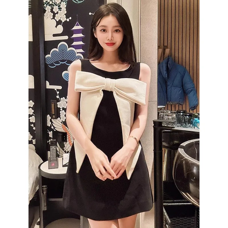 Small Fragrant Sleeveless A-line Dress With Big Bow Summer Women's Luxury Mini Dresses Trendy Temperament Evening Dress Elegant