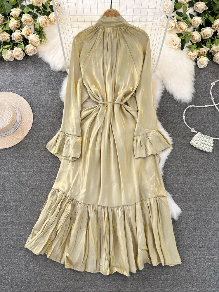 Elegant and Chic Solid Evening Dresses for Women Fashion New Bow Lace Up Flare Long Sleeve A-Line Vestidos Autumn Female Clothes