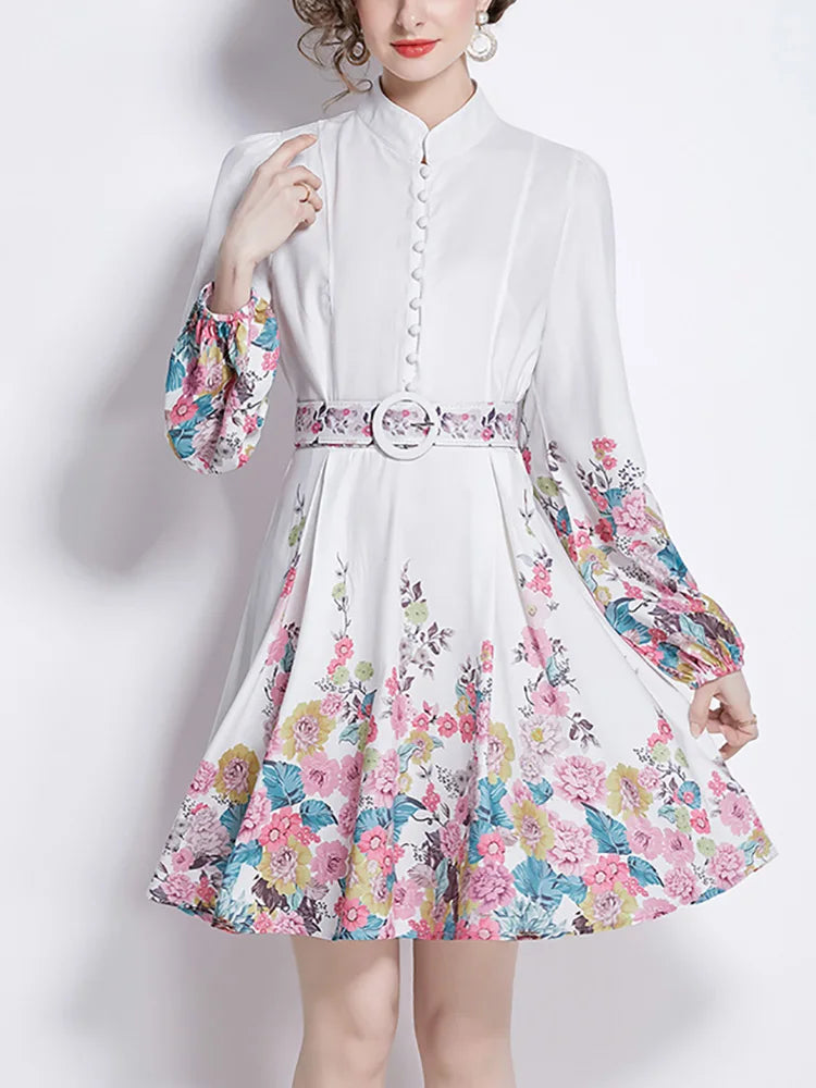 Spring Clothes For Women Vintage Floral Print Dress Stand Collar Long Sleeve Mini Dress With Belt Wedding Elegant Party Dresses