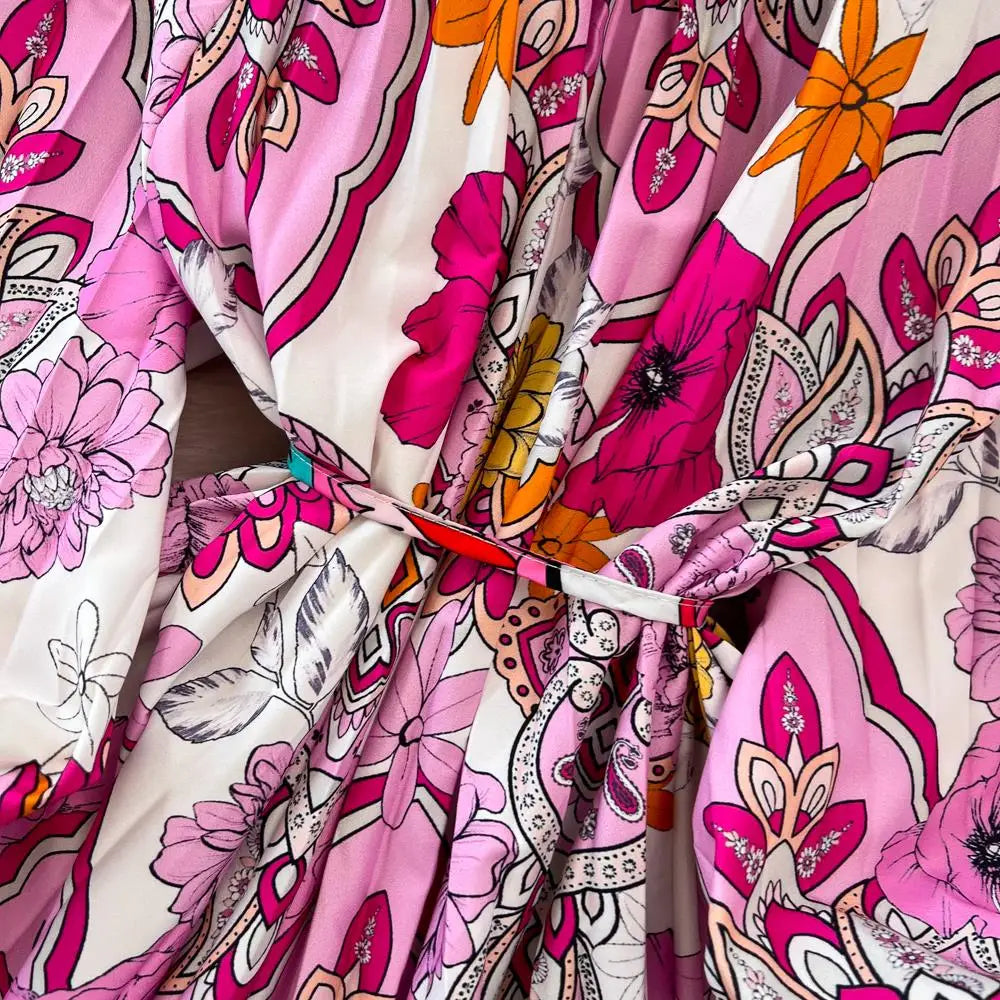 Elegant Women Casual Floral Print Party Dress Vintage Lantern Sleeve A-Line Pleated Prom Birthday Clothes Female Fashion Robe