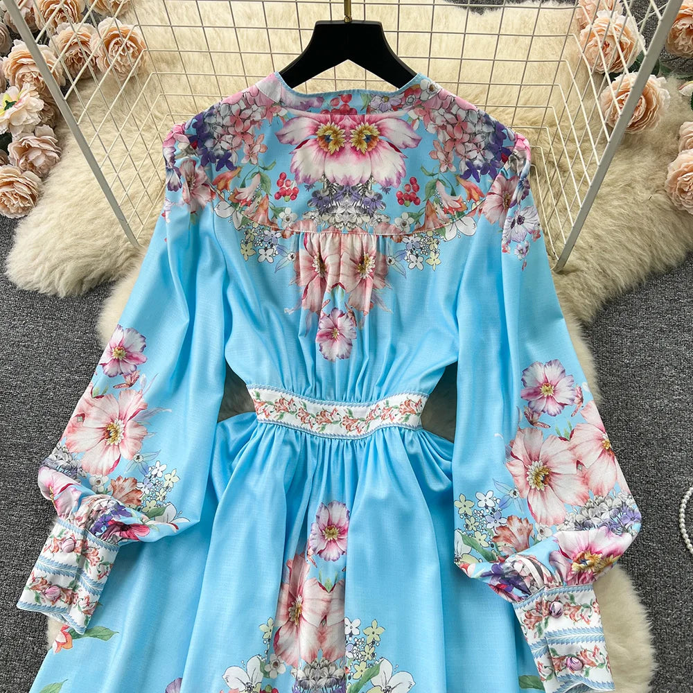 Spring Dresses 2024 Women Fashion Elegant Vintage Floral Print Dress V Neck Front Button Up Long Sleeve Holiday Mini Dress Woman