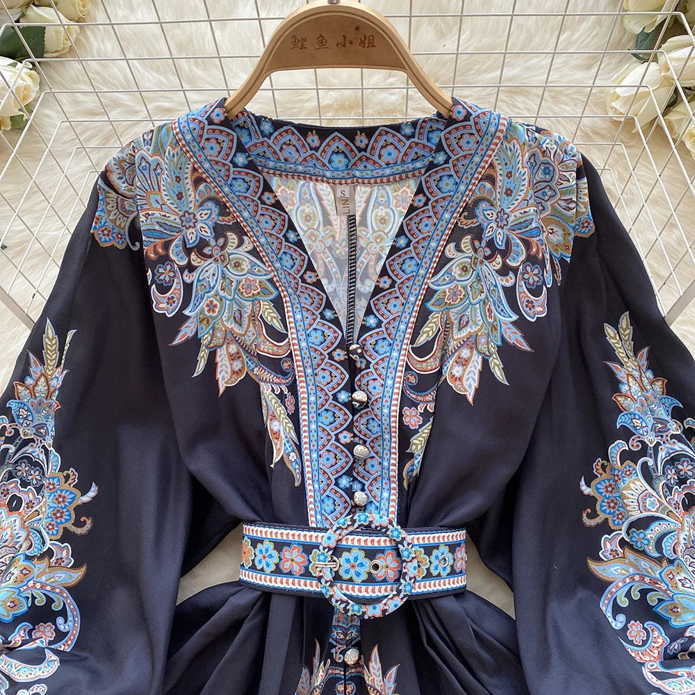 Bohemian Dresses For Women 2024 V Neck 3/4 Sleeve Spring Summer Vacation Mini Dress With Belt Boho Vintage Paisley Print Dress
