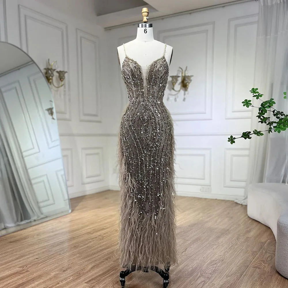 SERENE HILL 2024 White Nude Mermaid Beaded Feathers Luxury Evening Dresses Midi Gown With Cape For Women Wedding Party GLA72047A