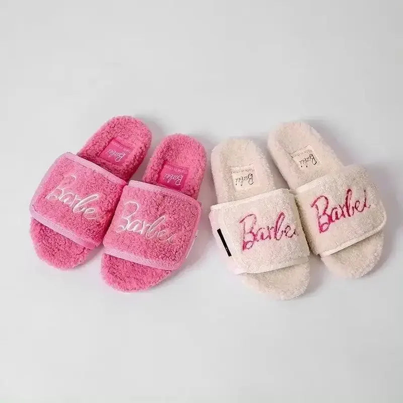 2024 Barbie Plush Kawaii Slippers Women's Y2k Autumn Winter Warm Home Indoor Thick Bottom Flat Bottom Open Toe Slippers Cute Sho