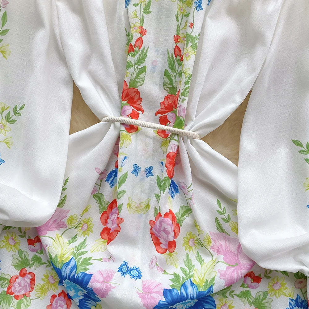 Clothes For Women Dresses 2024 Spring Ruffle Hem Vintage Floral Print Dress Stand Neck Long Sleeve Holiday Mini Dress With Belt