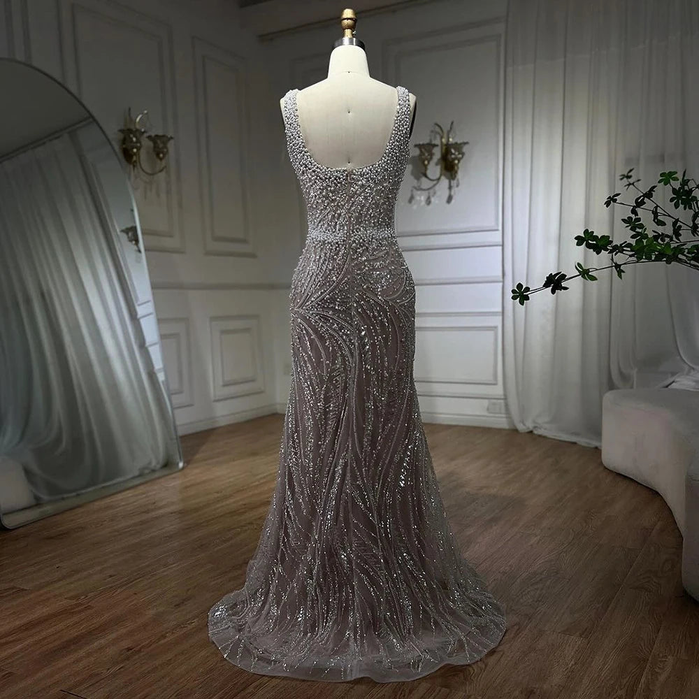 SERENE HILL 2024 White Nude Spaghetti Strap Mermaid Beaded Evening Dresses Luxury Pearls Gowns For Women Wedding Party GLA72266