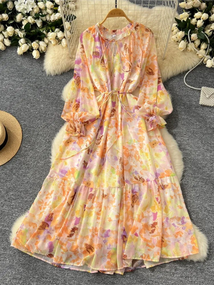 Elegant Floral Print Party Dress for Women French O-Neck Embroidered Flares Lace Up Lantern Long Sleeves Chiffon Long Dresses