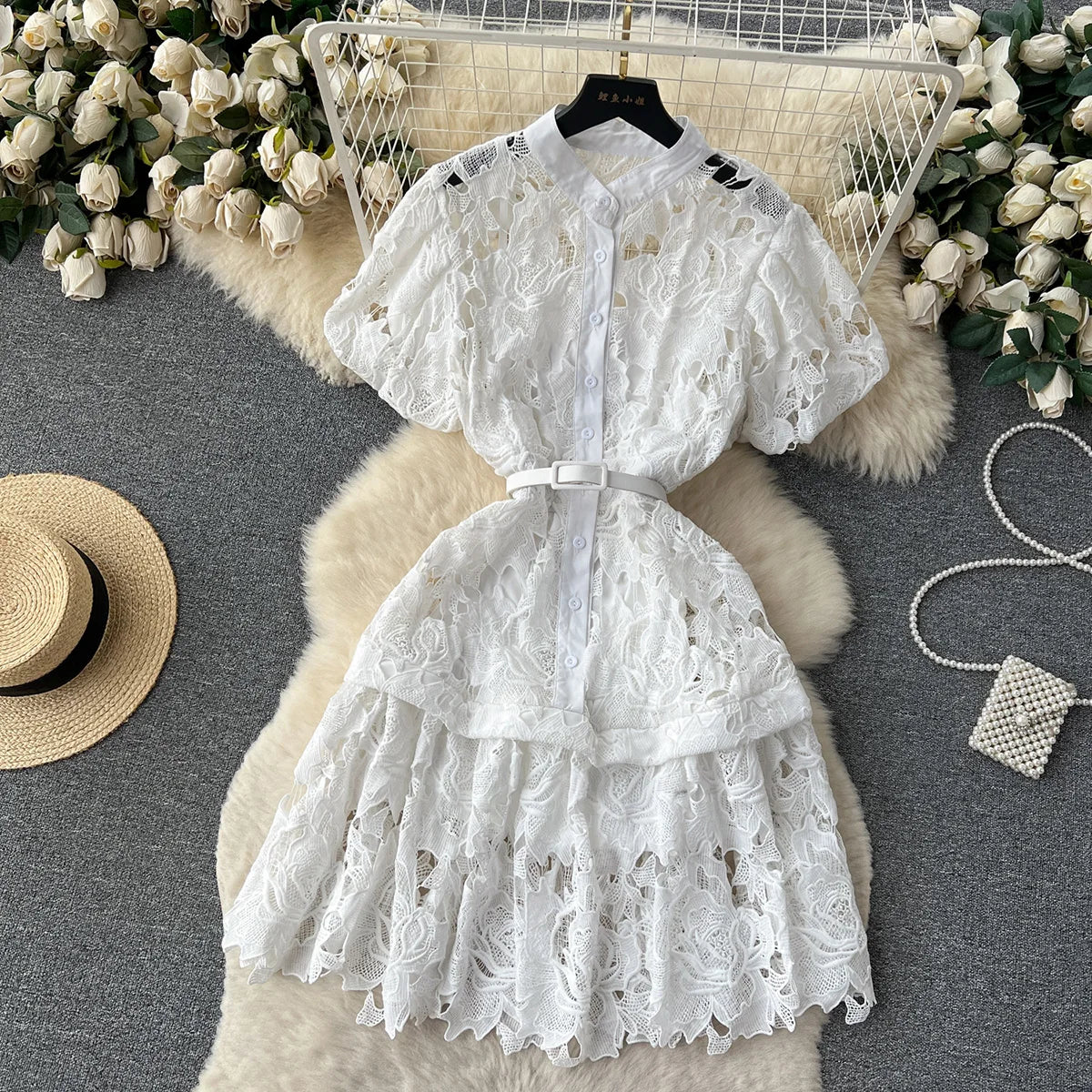 Summer Dresses For Women 2023 Luxury Party Elegant Openwork Embroidery Lace Dress Short Puff Sleeve White Mini Dress With Belt