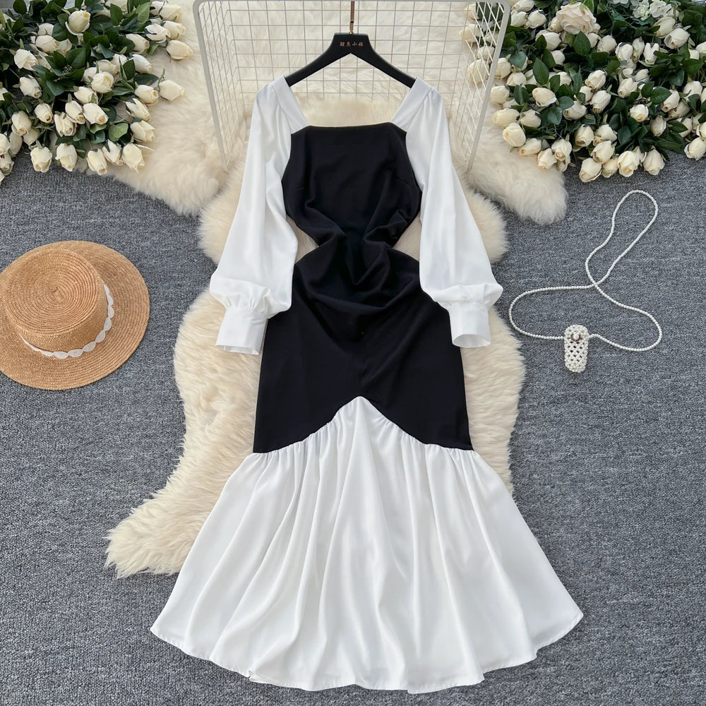 Elegant Pleated Mermaid Dress for Women Autumn Black White Patchwork Evening Party Dresses Autumn Slim Waist Prom Vestidos Robe