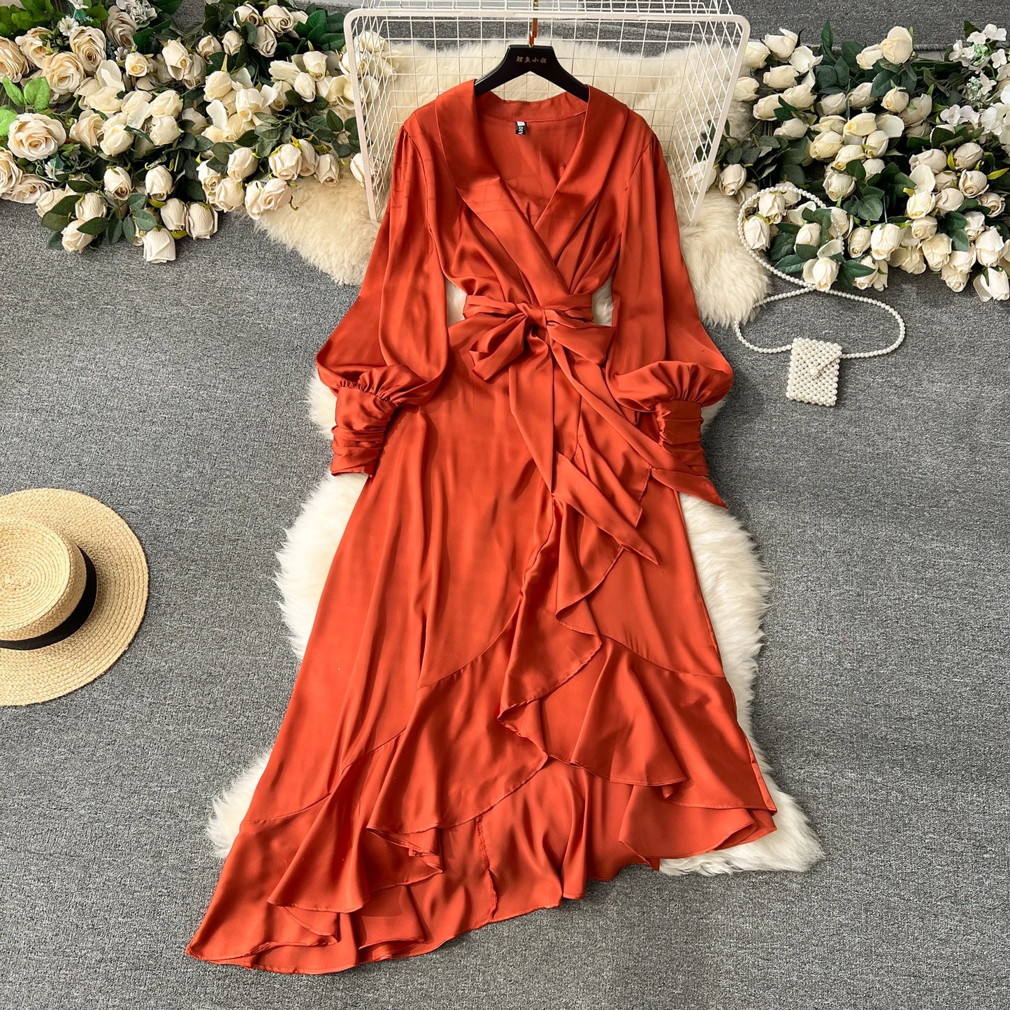 Women Elegant Satin Dress Summer Bandage High Waisted Ruffled Irregular Blazer Dresses Ladies A-line Vintage Party Long Robe