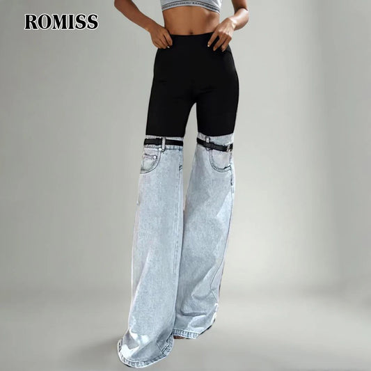 ROMISS Patchwork Belt Denim Pants For Women High Waist Slimming Hit Color Streetwear Wide Leg Jeans Female Fashion Clothes