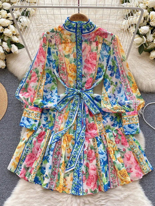 Spring Dresses For Women 2024 Vintage Patchwork Floral Print Holiday Dress Stand Collar Long Sleeve Chiffon Mini Dress With Belt