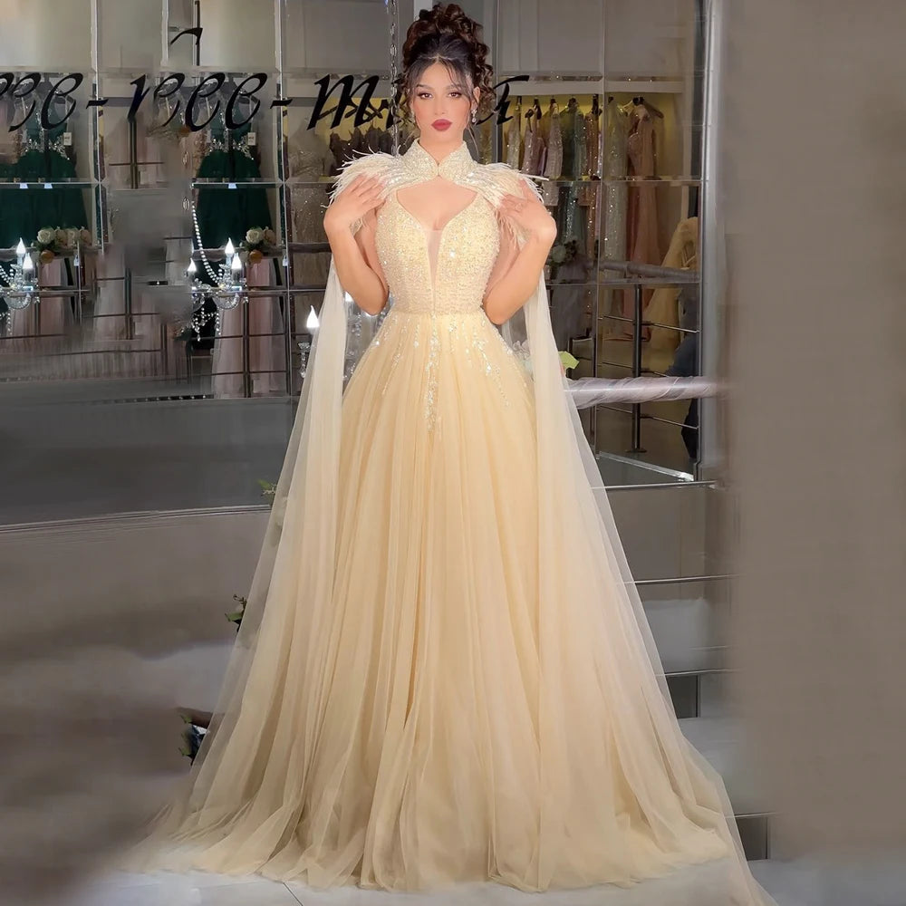 Serene Hill Arabic Beige A-Line Feathers Long Cape Luxury Beaded Saudi Evening Dresses Gowns for Formal Occasion 2024 LA72722