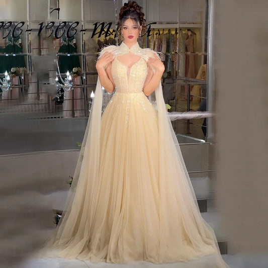 Serene Hill Arabic Beige A-Line Feathers Long Cape Luxury Beaded Saudi Evening Dresses Gowns for Formal Occasion 2024 LA72722