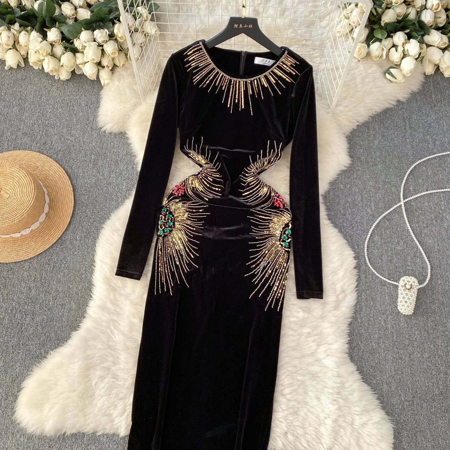 Chic Elegant Long Sleeve O Neck Rhine Stone Sequin Velvet Dress Sexy Vestidos High Waist Women Autumn Ceremonial Dress