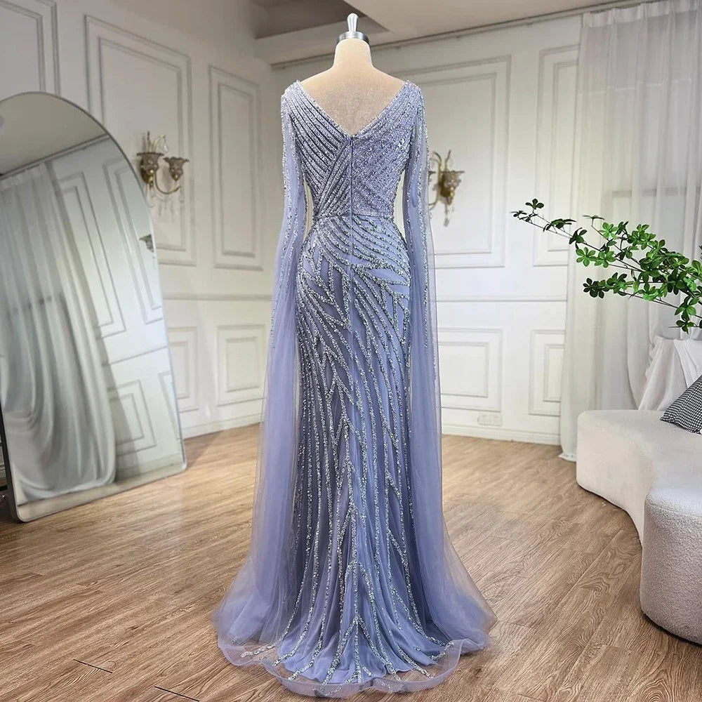 SERENE HILL 2024 Arabic Dubai Caramel Mermaid Luxury Beaded Evening Dresses Cape Sleeves Gowns For Women Wedding Party GLA71493A