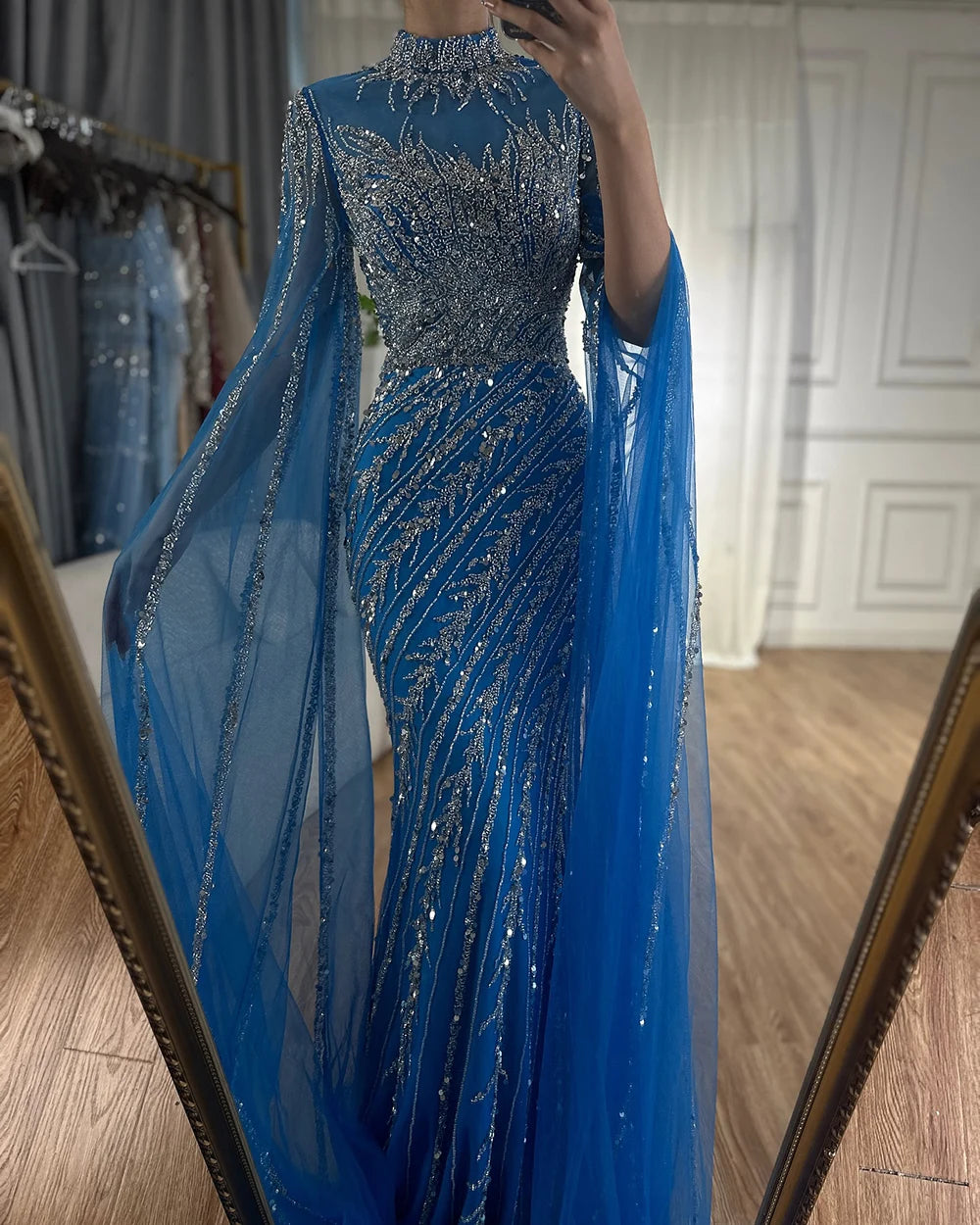 Serene Hill 2024 Nude Cape Sleeves Mermaid Lace Beaded Luxury Dubai Long Evening Dresses Gowns For Formal Occasion LA71885A