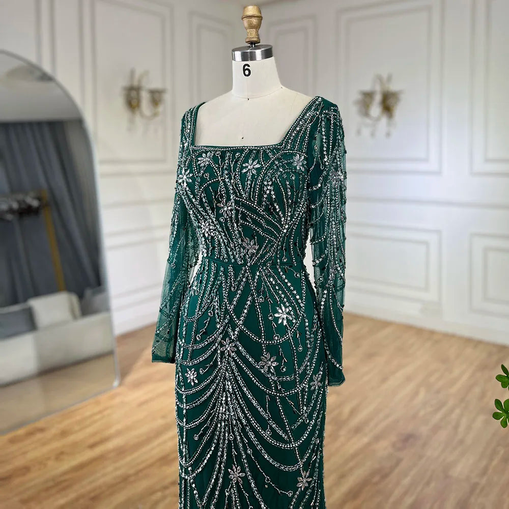 Serene Hill Luxury Dubai Green Mermaid Elegant Crystal Beaded Arabic Evening Dresses Gowns For Women Wedding Party 2023 BLA72242
