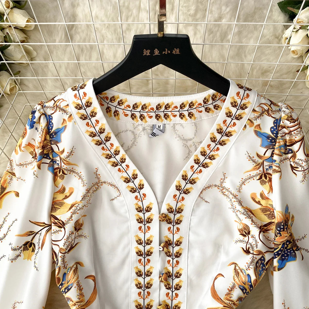 New In Dresses 2023 Fashion Women Clothing Party Elegant Vintage Print Dress Front Button Up V Neck Long Puff Sleeve Mini Dress