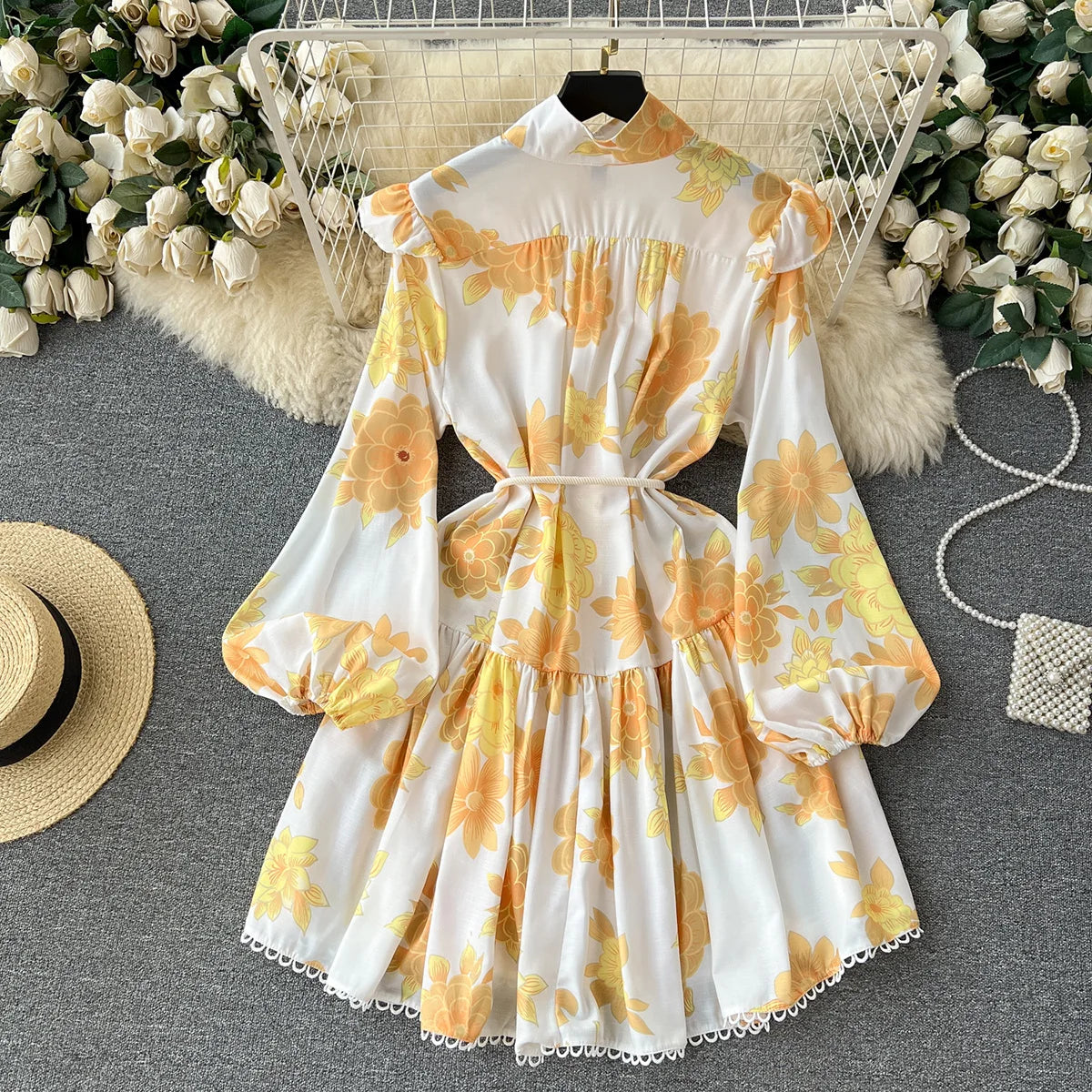 Spring Summer Holiday Dresses For Women 2023 Elegant Vintage Flower Print Dress Ruffle Trim Long Sleeve Mini Dress With Belt