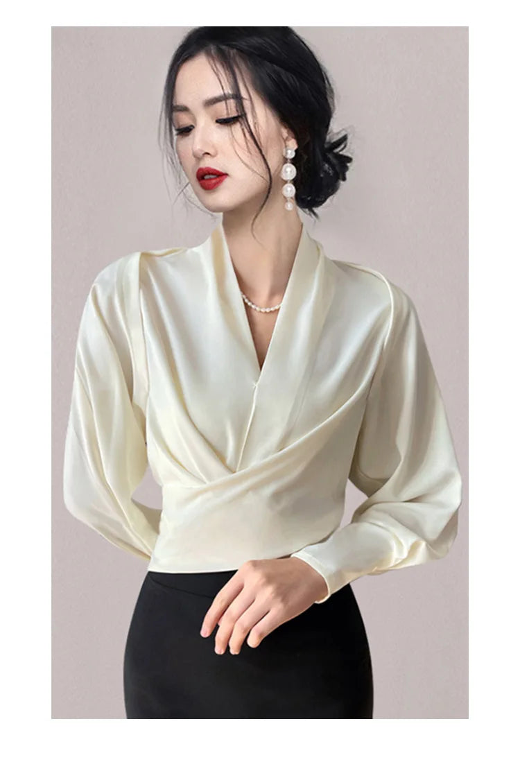Autumn New Women's Long sleeved V-neck Shirt Top Short French Elegant Temperament Satin Effect Slimming Shirt Blouse