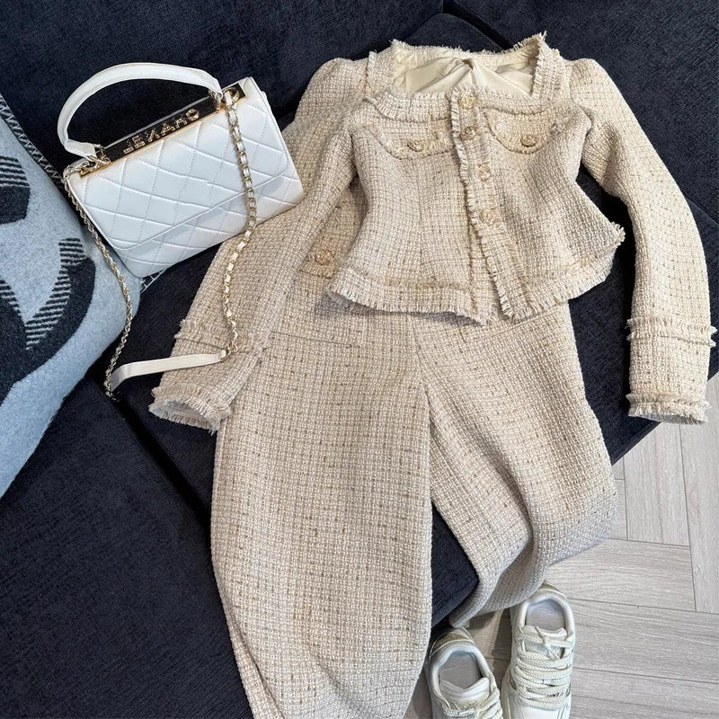 Women's Luxury Slim Tweed Pants Suits High Waist Long Trousers+Square Collar Cropped Coat Elegant 2 Piece Set Female Outfits