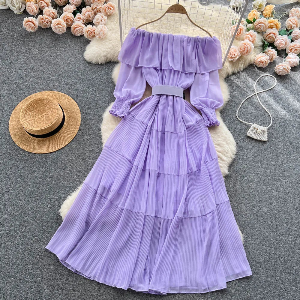 Vintage Pleated Slash Neck Off Shoulder High Waist  Dress Long Sleeve  Dress Chic Summer Beach Vestidos Women Vacation Sundress