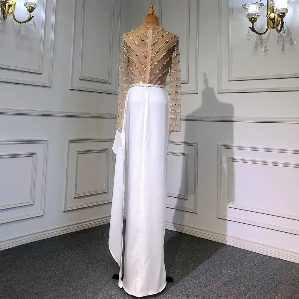 Serene Hill 2024 White Long Sleeves Mermaid Split Evening Dress Beaded Luxury Elegant for Women Party LA71531