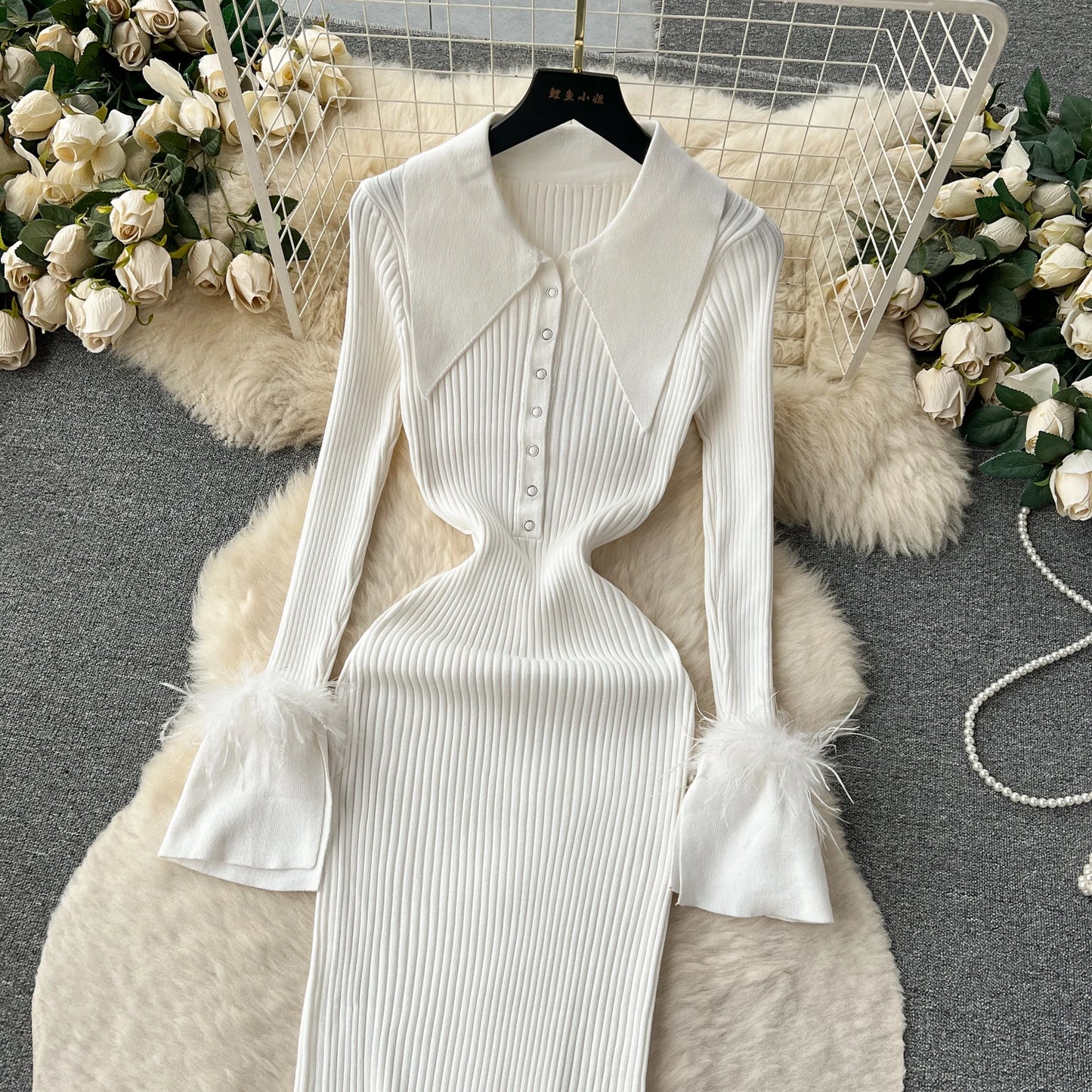 Elegant Turn-down Collar Feather Long Sleeve Knit Bodycon Pencil Dress Slim Fashion Sweater Vestido Sexy Women Winter Clothing