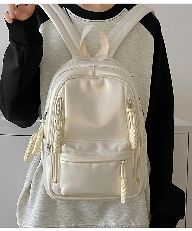 Korean Fashion College Student School Bags Women's New Trendy Casual Glossy Leather Backpacks Versatile Large Capacity Handbags