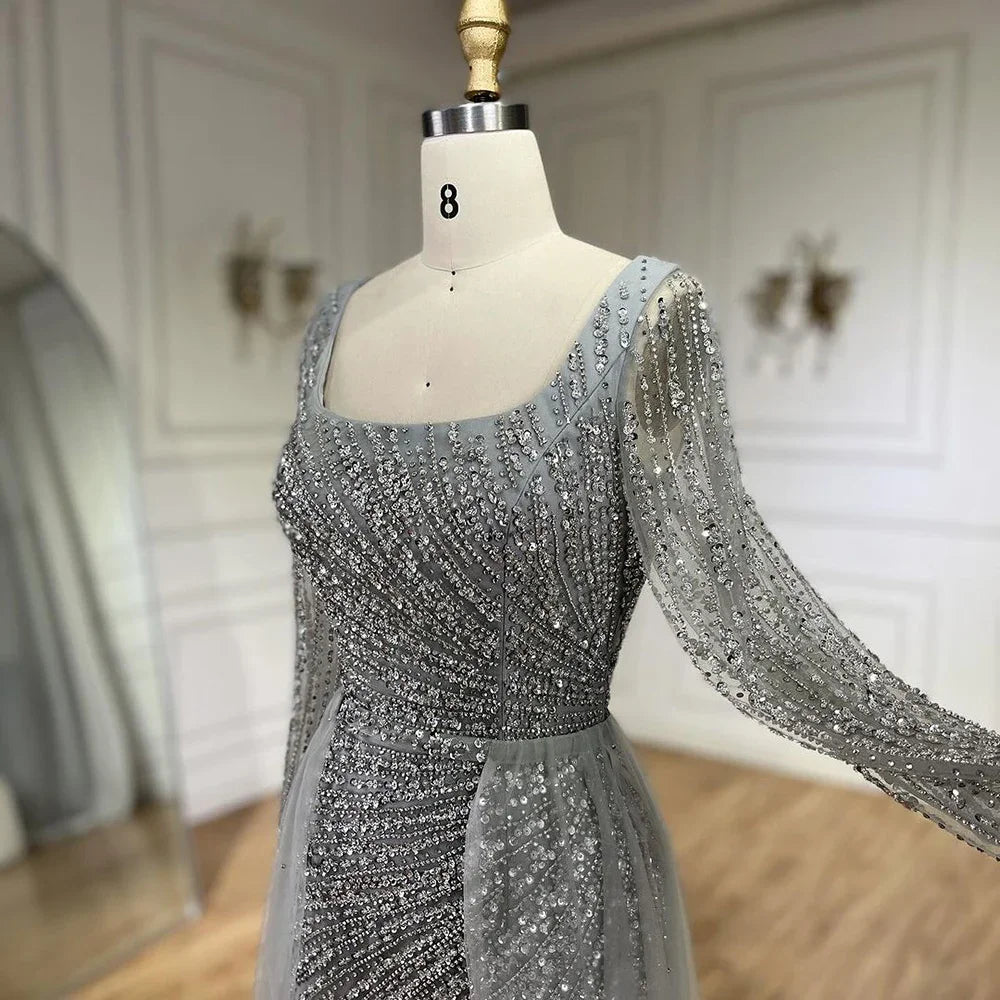 SERENE HILL 2024 Arabic Dubai Silver Gray Beaded Mermaid Evening Dresses Long Sleeves Gown With Skirt For Women Party GLA71618L