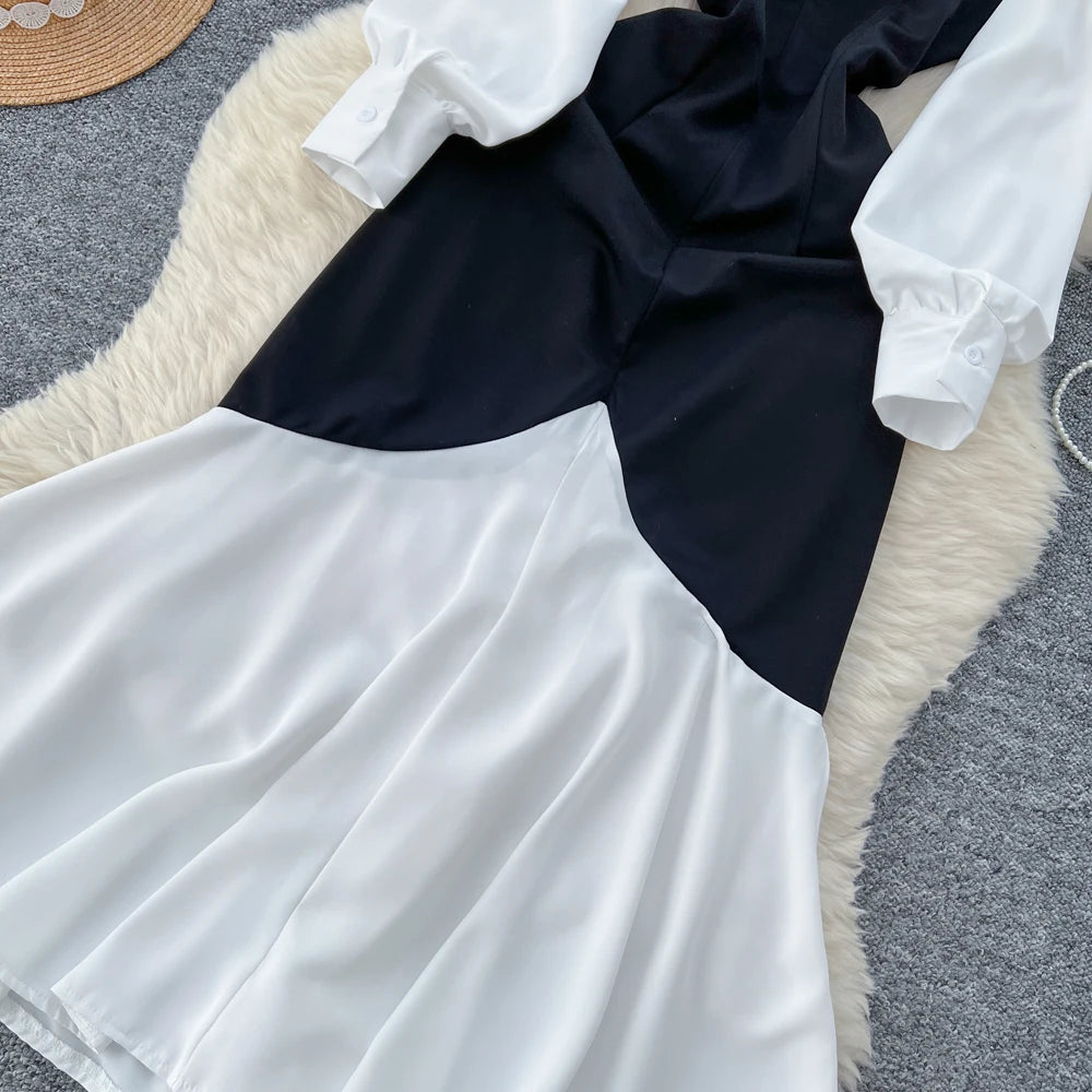 Elegant Pleated Mermaid Dress for Women Autumn Black White Patchwork Evening Party Dresses Autumn Slim Waist Prom Vestidos Robe