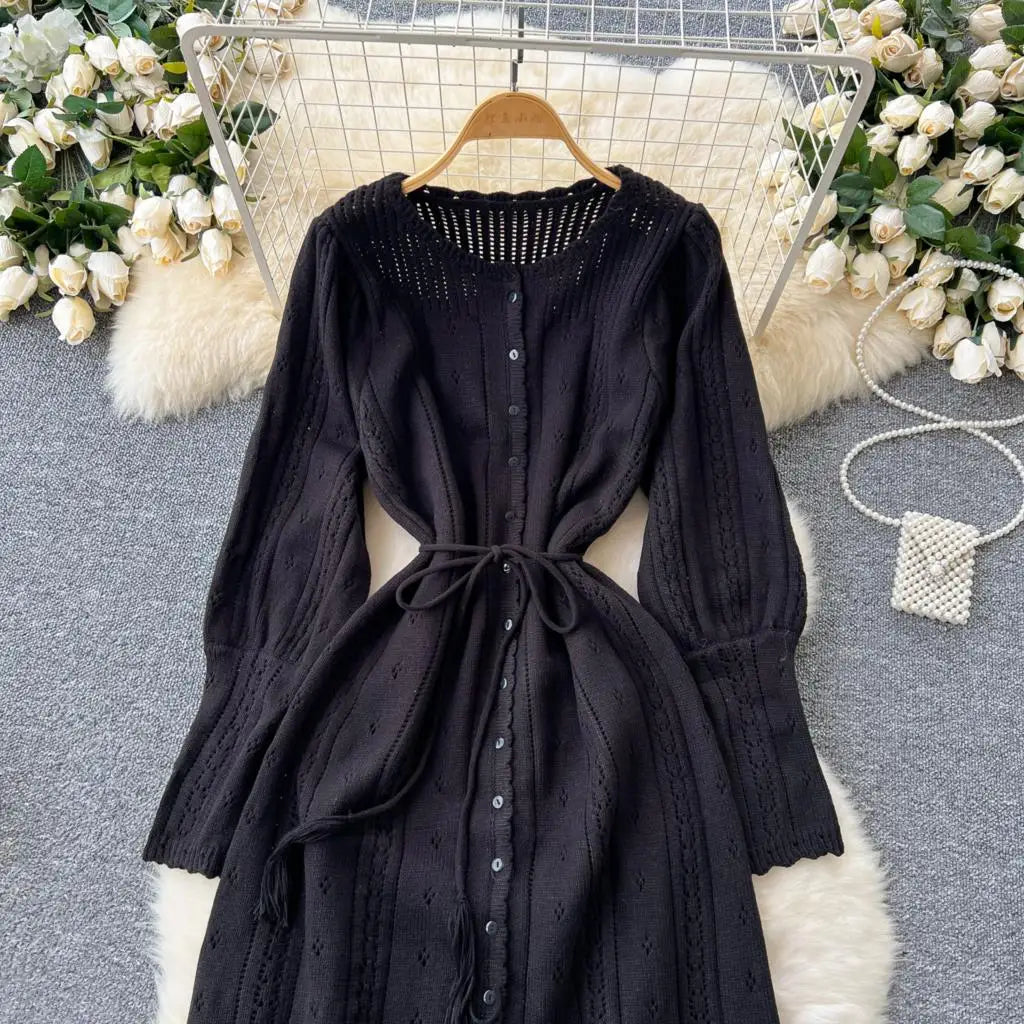 Elegant Autumn Solid Knitted Dresses for Women Sweet Hook Flower Hollow Strap A-line Korean Fashion Casual Vestidos Mujer New