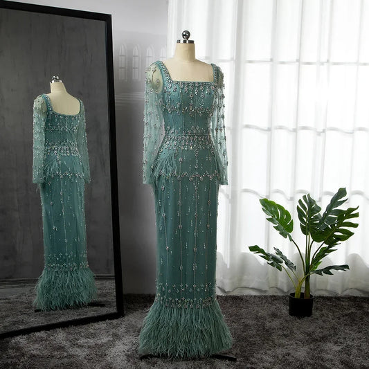 Serene Hill Muslim Turquoise Mermaid Elegant Evening Dresses Gowns 2024 Luxury Beaded Feather For Women Party LA71722