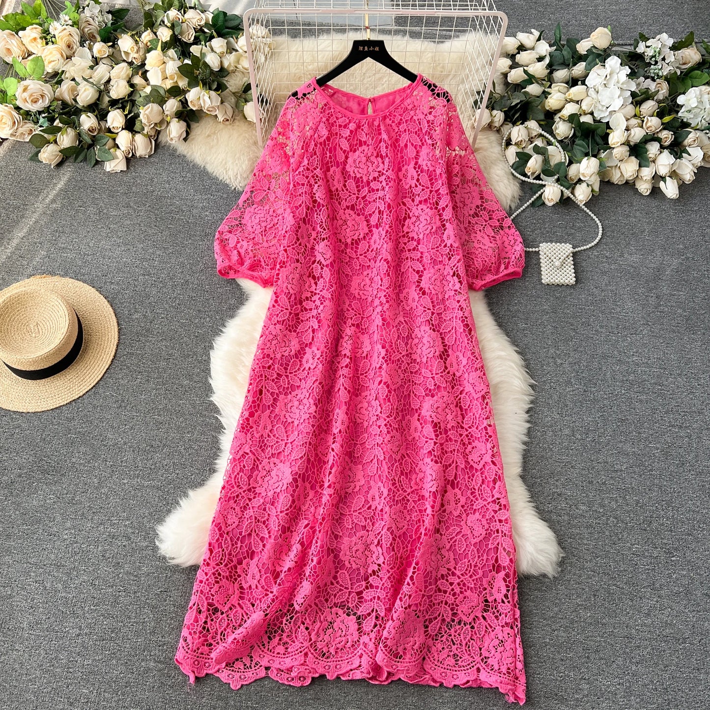 Chic Long Sleeve O Neck Lace Hook Flower Hollow Loose Dress Chiffon A-line Casual Dresses Fashion Women Elegant Vestidos