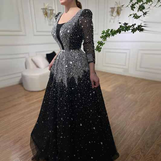 Serene Hill Muslim Black A-Line Evening Dresses Gowns 2024 Sequined Beaded Luxury For Woman Wedding Party LA71214