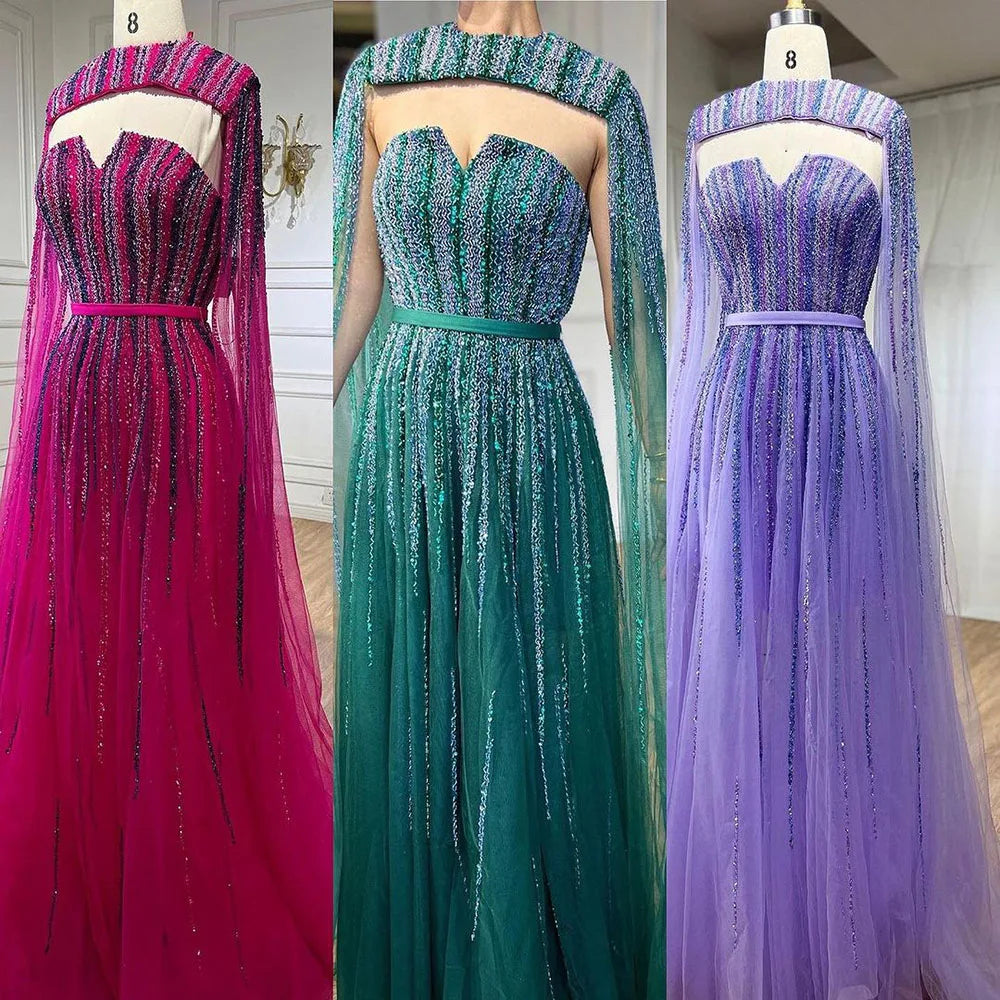 Arabic Green Cape Sleeves A Line Beaded Evening Dresses Long 2023 Celebrity Gowns For Woman Wedding Party BLA71912 Serene Hill