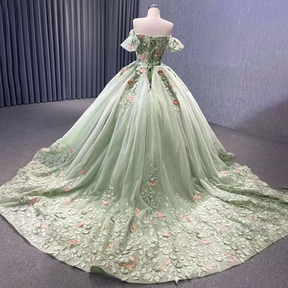 Serene Hill 2024 High End Custom Dubai Sage Green Elegant Boat Neck Wedding Dress Appliques Bridal Gowns HM222240B