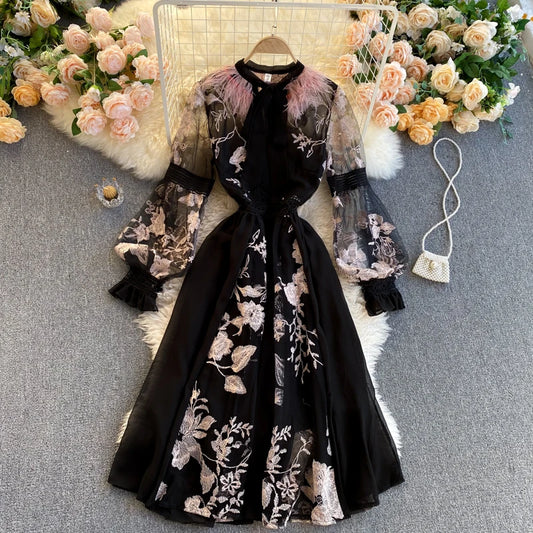 Retro Print Floral Embroidery Elegant Lace Up Dress A-line Long Sleeve Casual O-neck High Waist Dress Women Ceremonial Dress